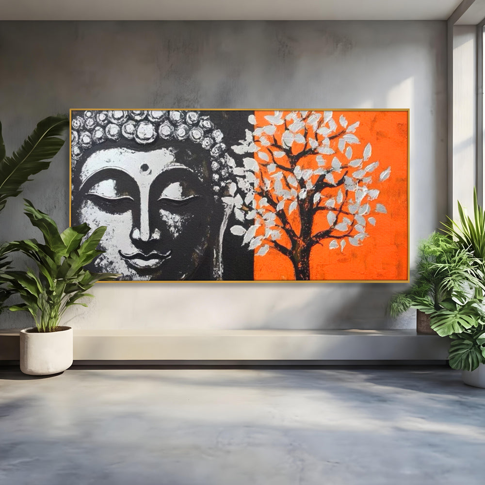 Tablou canvas cu tablou canvas cu capul lui buddha si un copac, in rama de aluminiu auriu